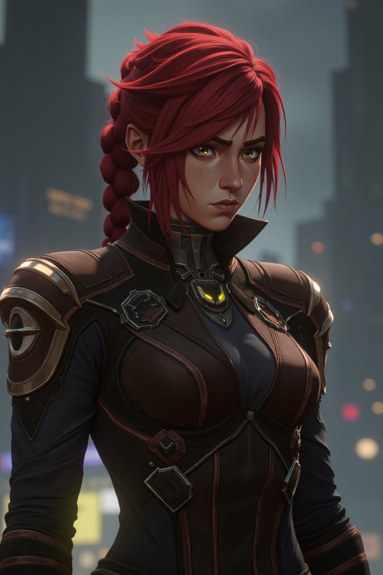 image in arcane style,  A fierce young woman with fiery red hair in a braid,  wearing a futuristic leather jacket with glo...