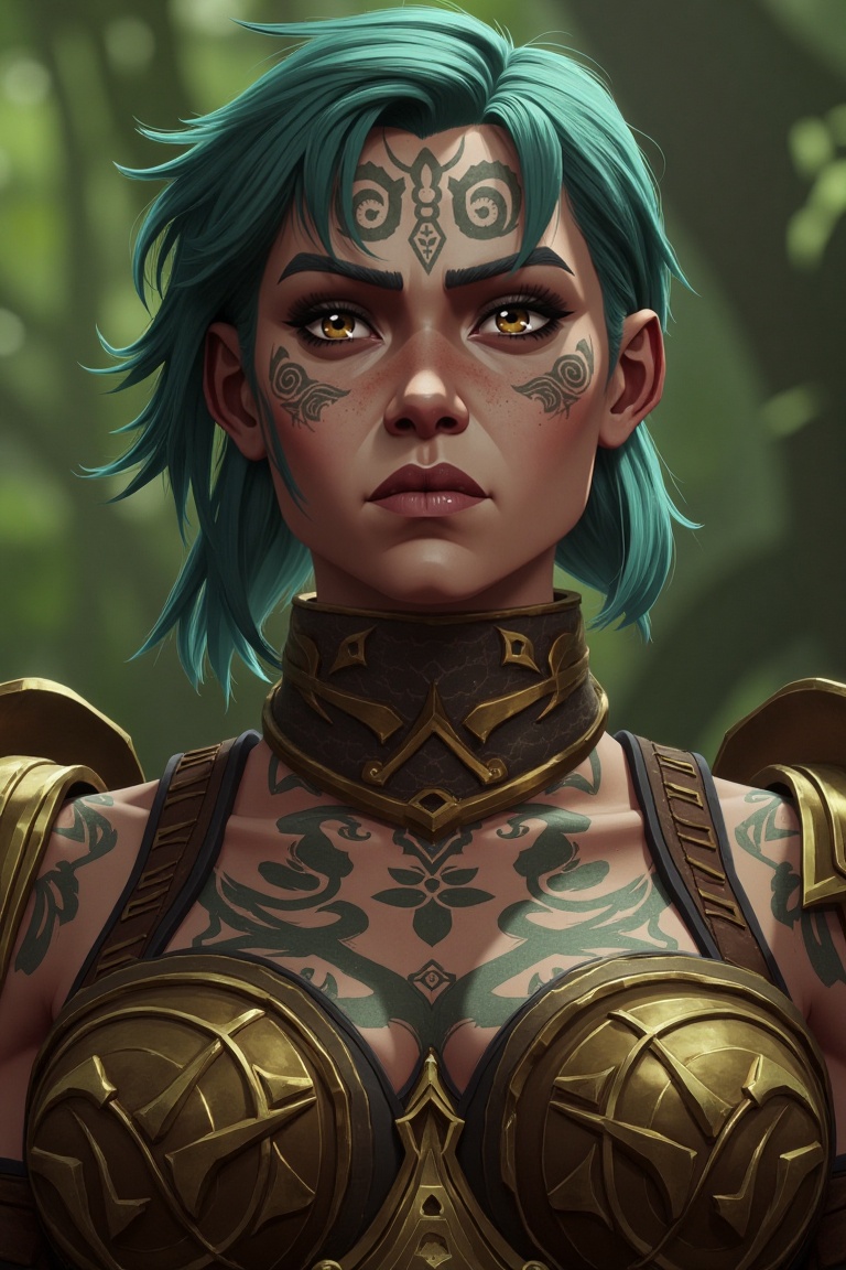 image in arcane style,  A strong-willed woman with tribal tattoos on her neck,  adorned in battle armor on Tensor.Art