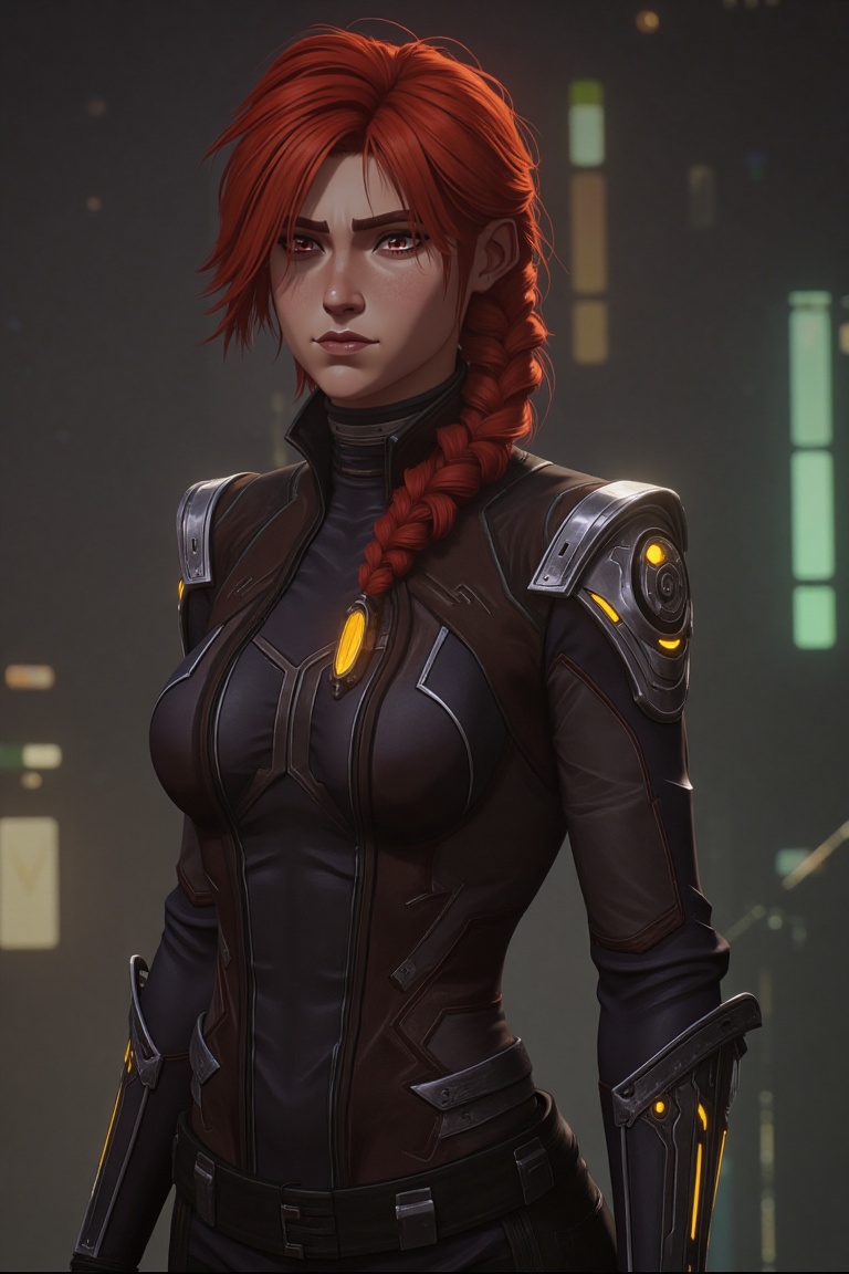 image in arcane style,  A fierce young woman with fiery red hair in a braid,  wearing a futuristic leather jacket with glo...