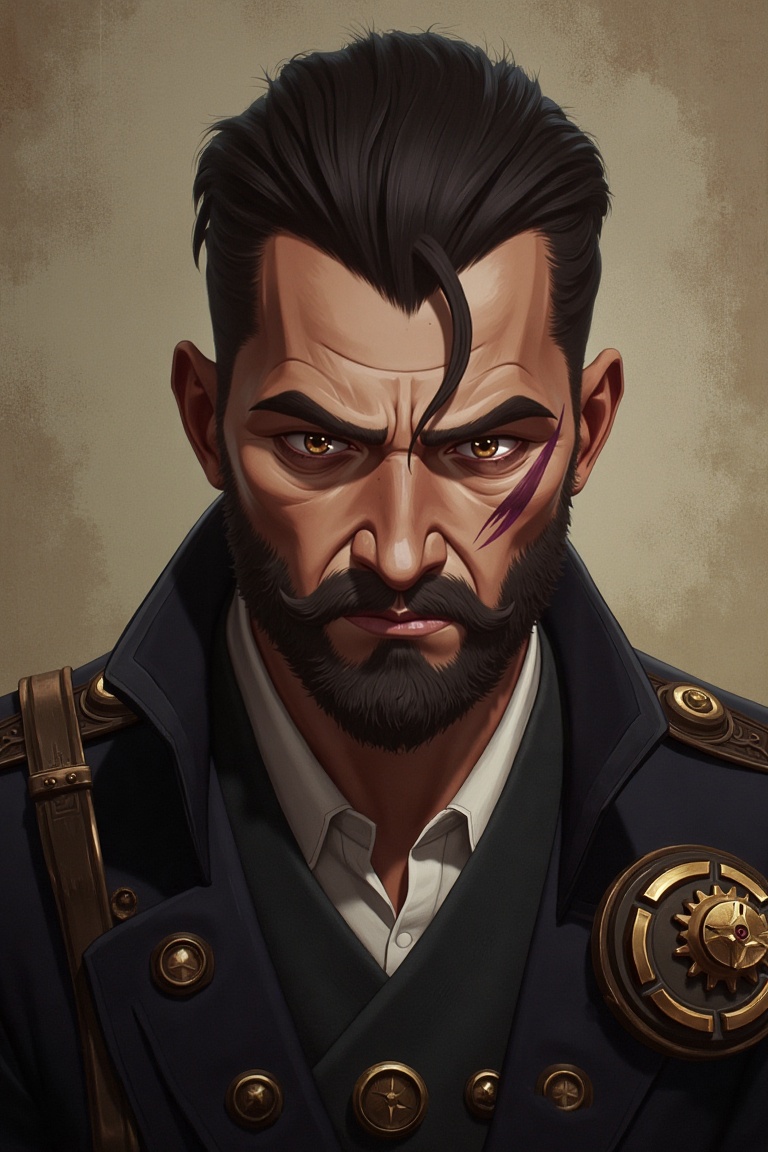 image in arcane style,  A confident man with a scar across his cheek,  wearing a Victorian-style suit with a steampunk vib...