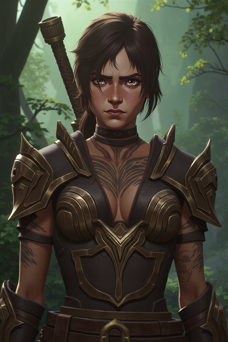 image in arcane style,  A strong-willed woman with tribal tattoos on her neck,  adorned in battle armor on Tensor.Art