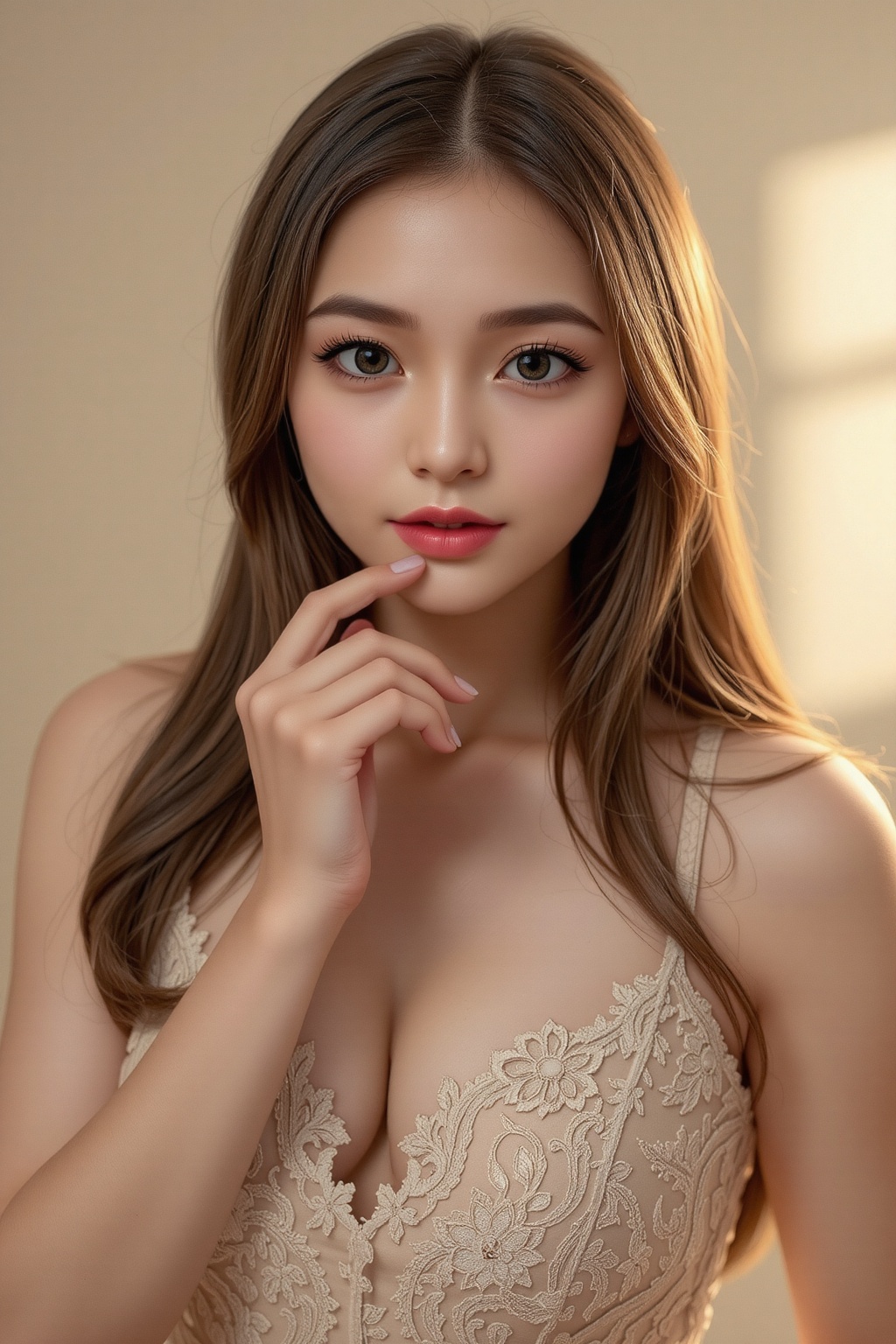 A stunning,  photorealistic portrait of a young woman with radiant,  porcelain-like skin and soulful eyes that captivate t...