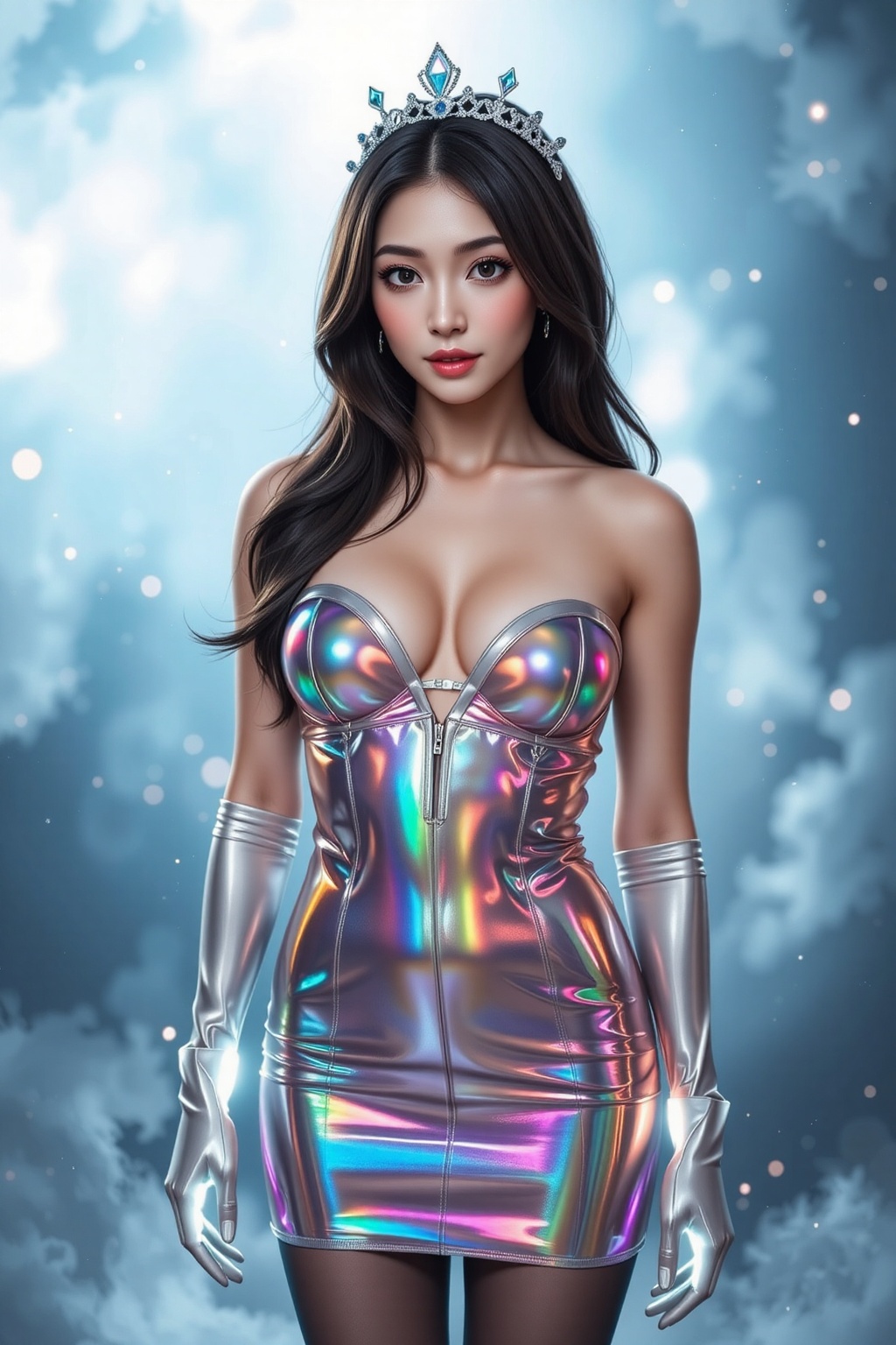 A mesmerizing woman wearing a crystalline,  semi-transparent dress that refracts light into a rainbow of colors. Her outfi...