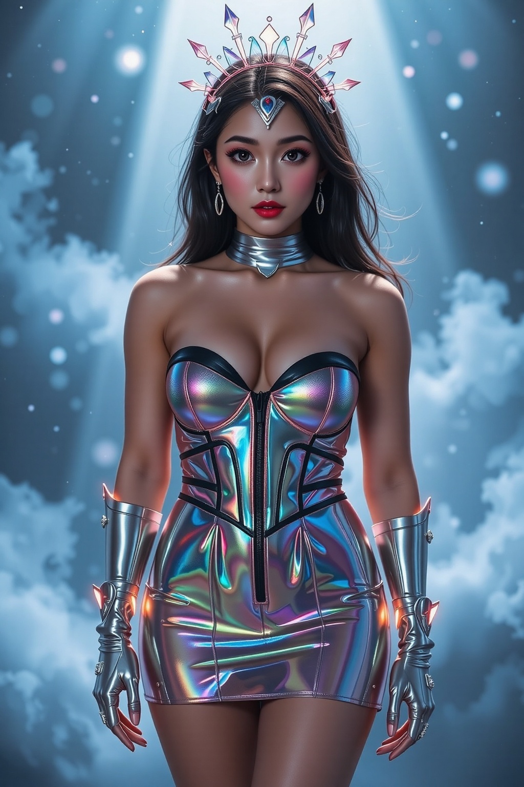A mesmerizing woman wearing a crystalline,  semi-transparent dress that refracts light into a rainbow of colors. Her outfi...