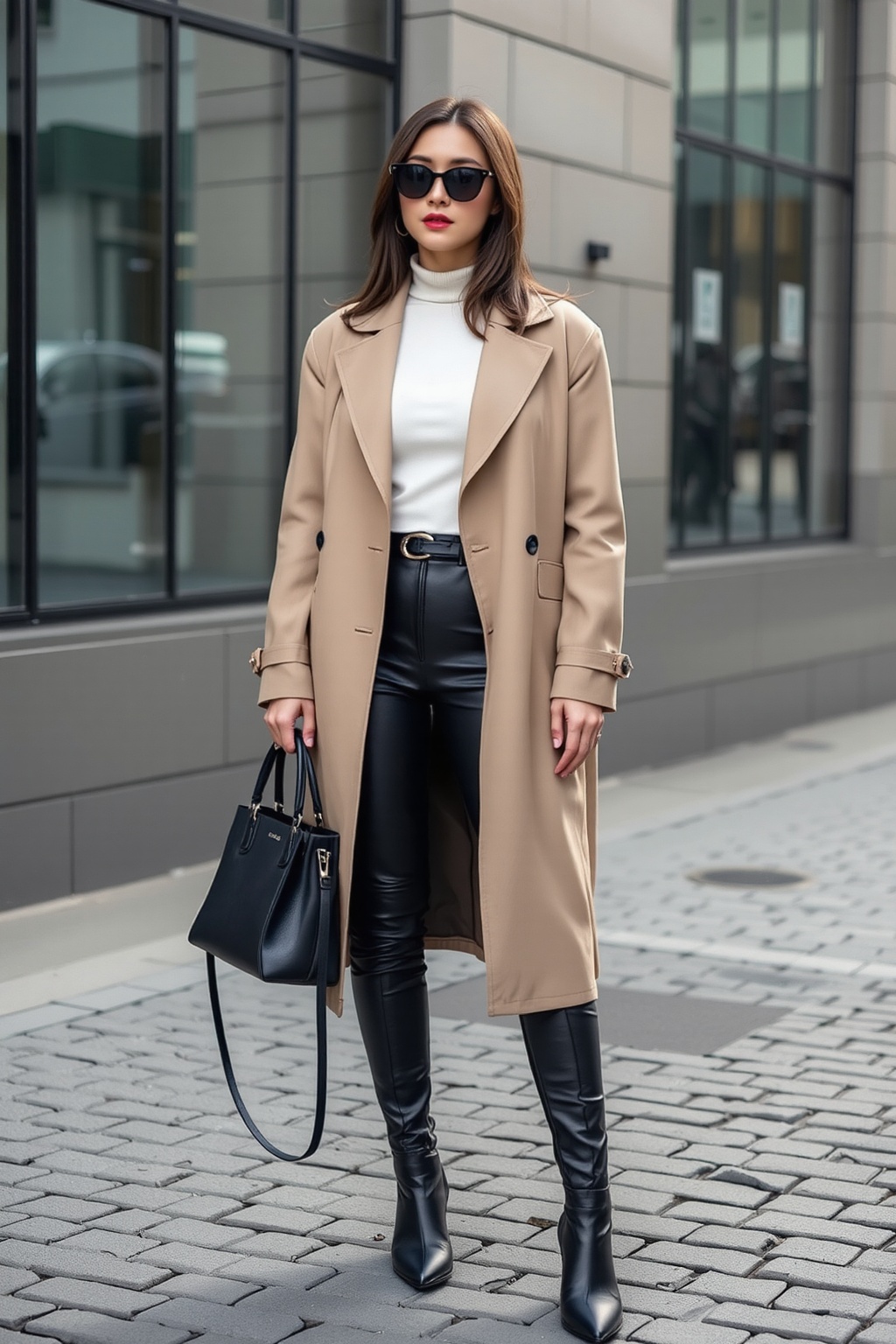 A stylish woman wearing a sleek,  oversized beige trench coat paired with a cropped white turtleneck sweater and high-wais...