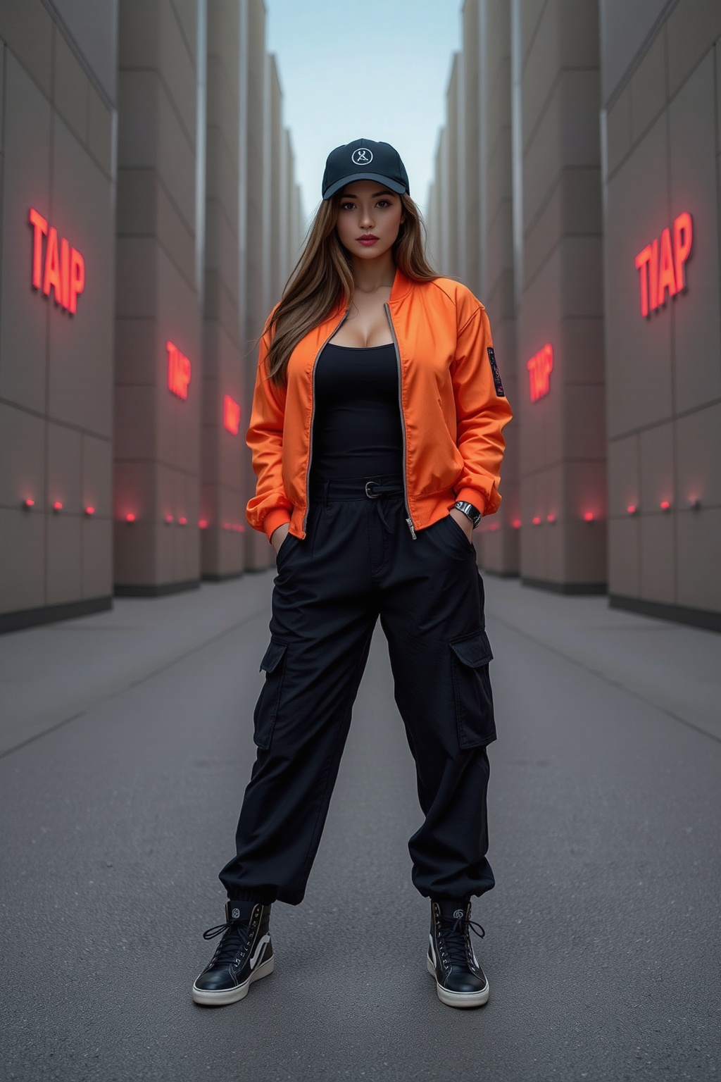 A contemporary streetwear look featuring a woman in a bright orange bomber jacket over a black bodysuit,  paired with bagg...