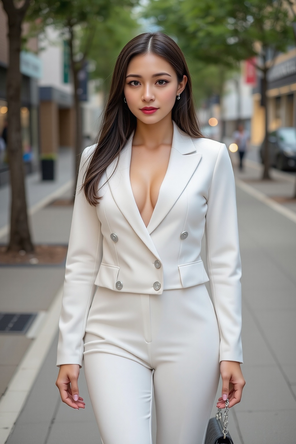 A young woman wearing a monochromatic outfit featuring a tailored white blazer over a matching white jumpsuit. She carries...
