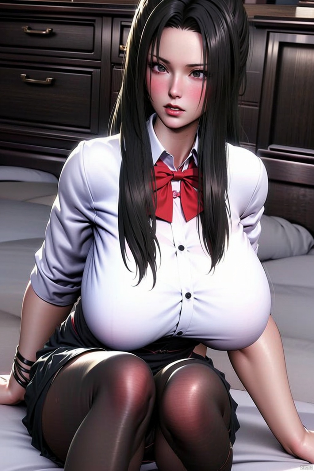 1girl solo long hair breasts skirt large breasts black hair bow sitting pantyhose