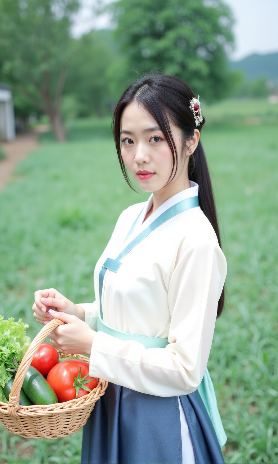 A serene Korean beauty poses solo outdoors,  her long black hair adorned with a delicate ornament,  tied back in a ponytai...
