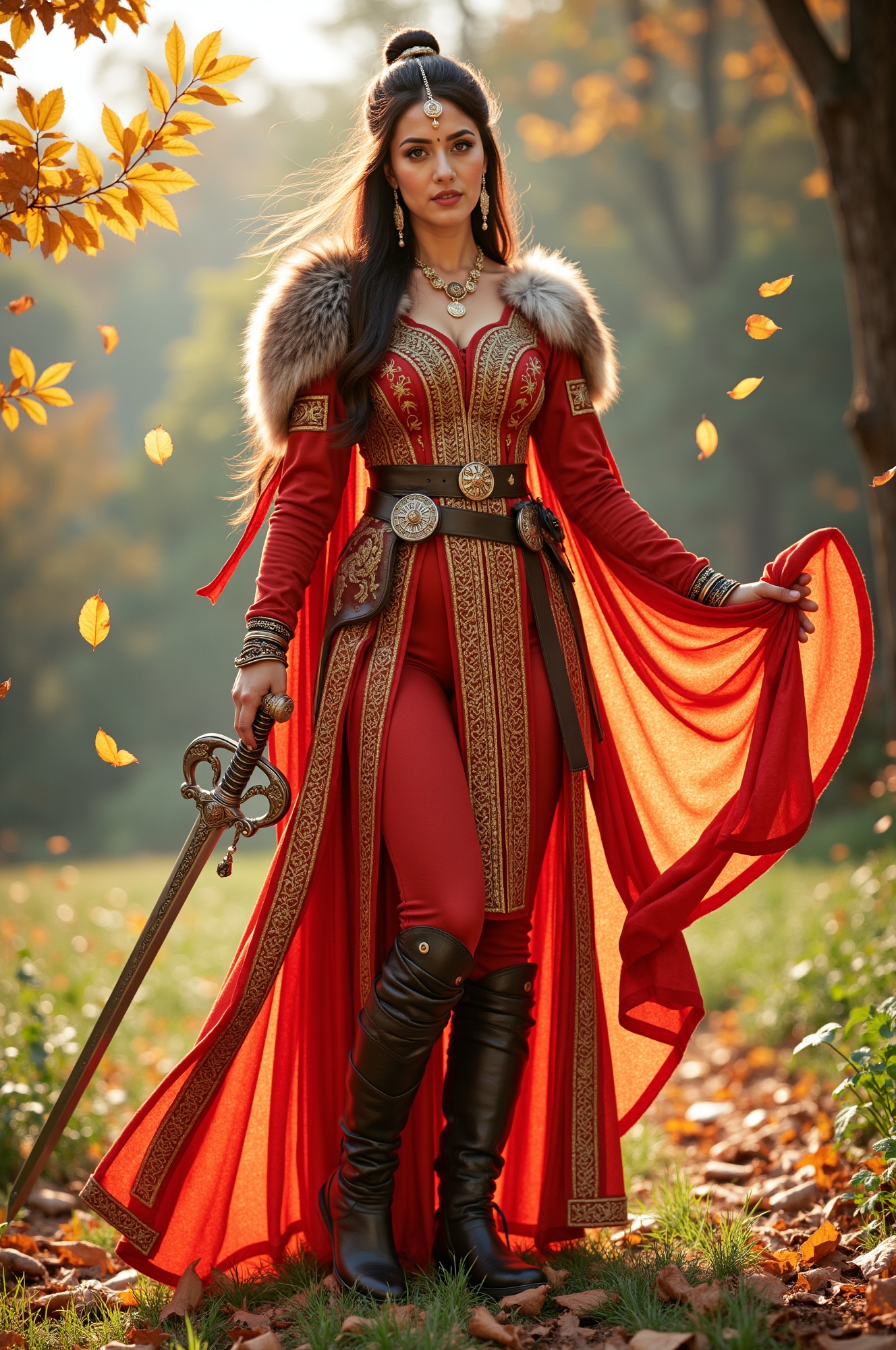 A regal female warrior stands heroically,  bathed in warm sunlight as leaves fall softly around her. Her golden-patterned...