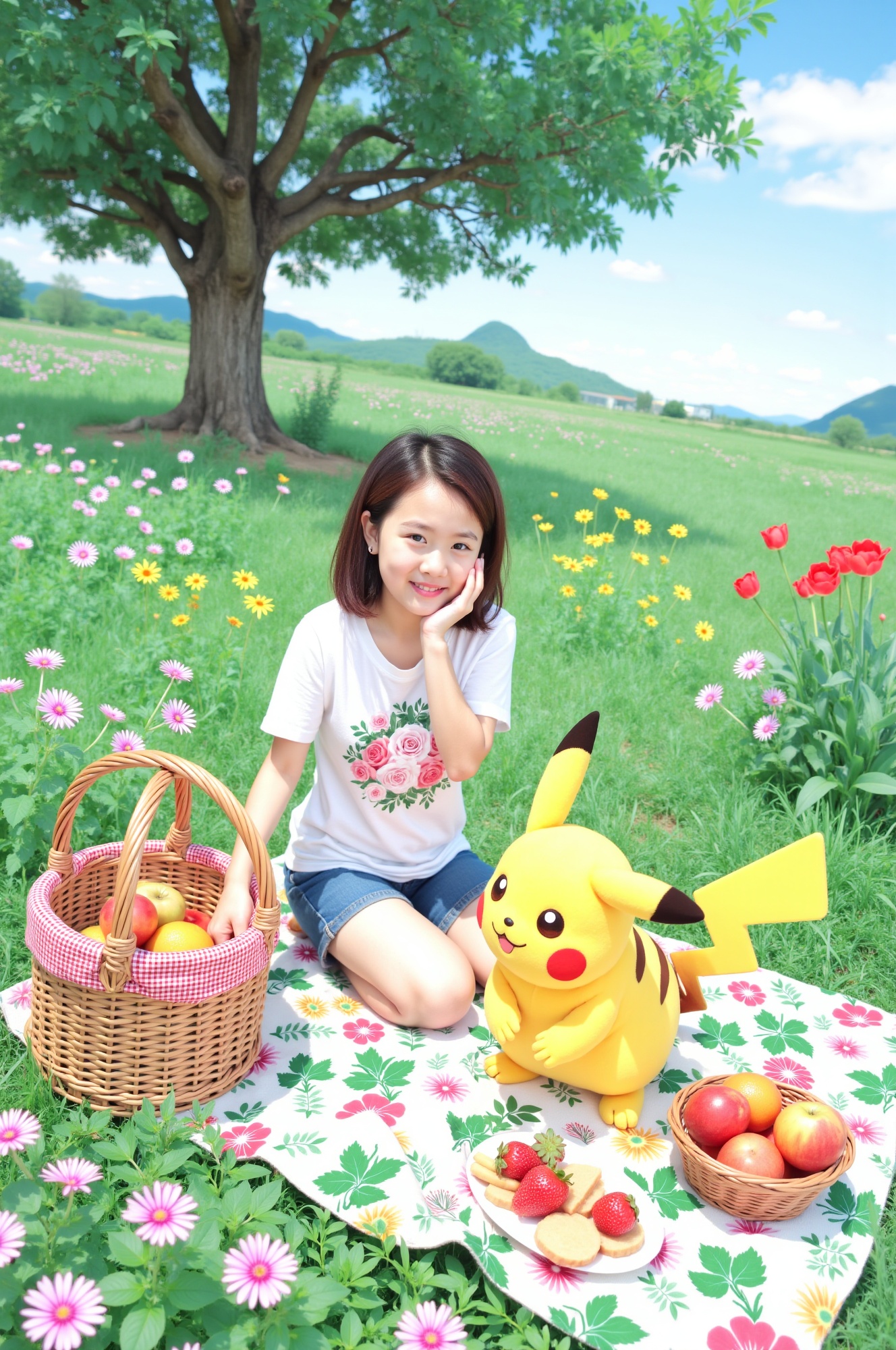 Delightful scene: A radiant youthful girl's smiling face takes center stage as she shares a whimsical picnic with a soft a...