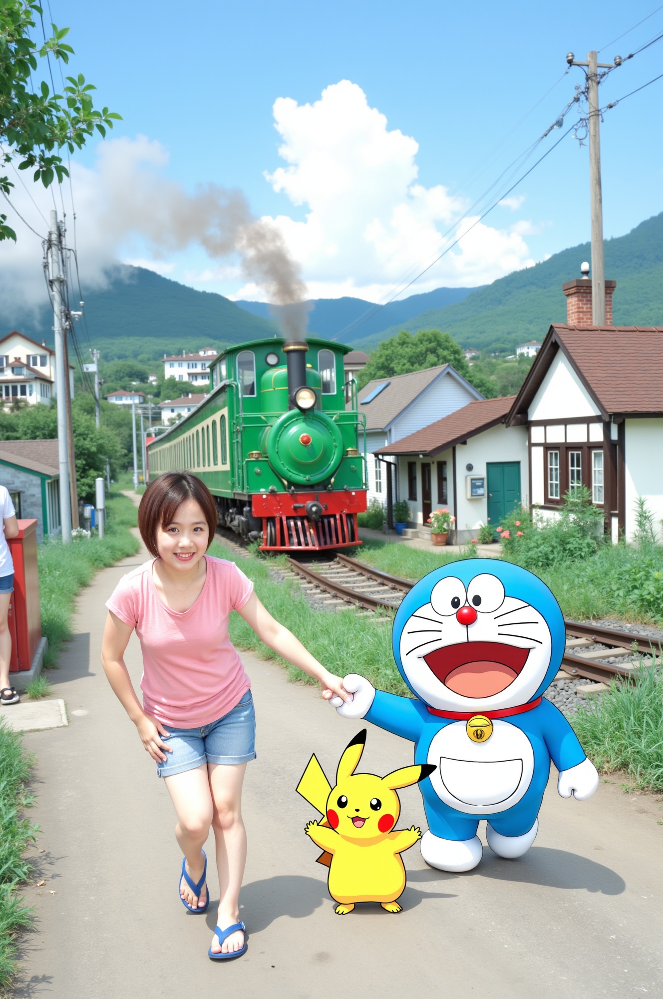 Joyful young girl's beaming face fills the frame as she walks hand in hand with Doraemon,  Pikachu by her side,  amidst th...