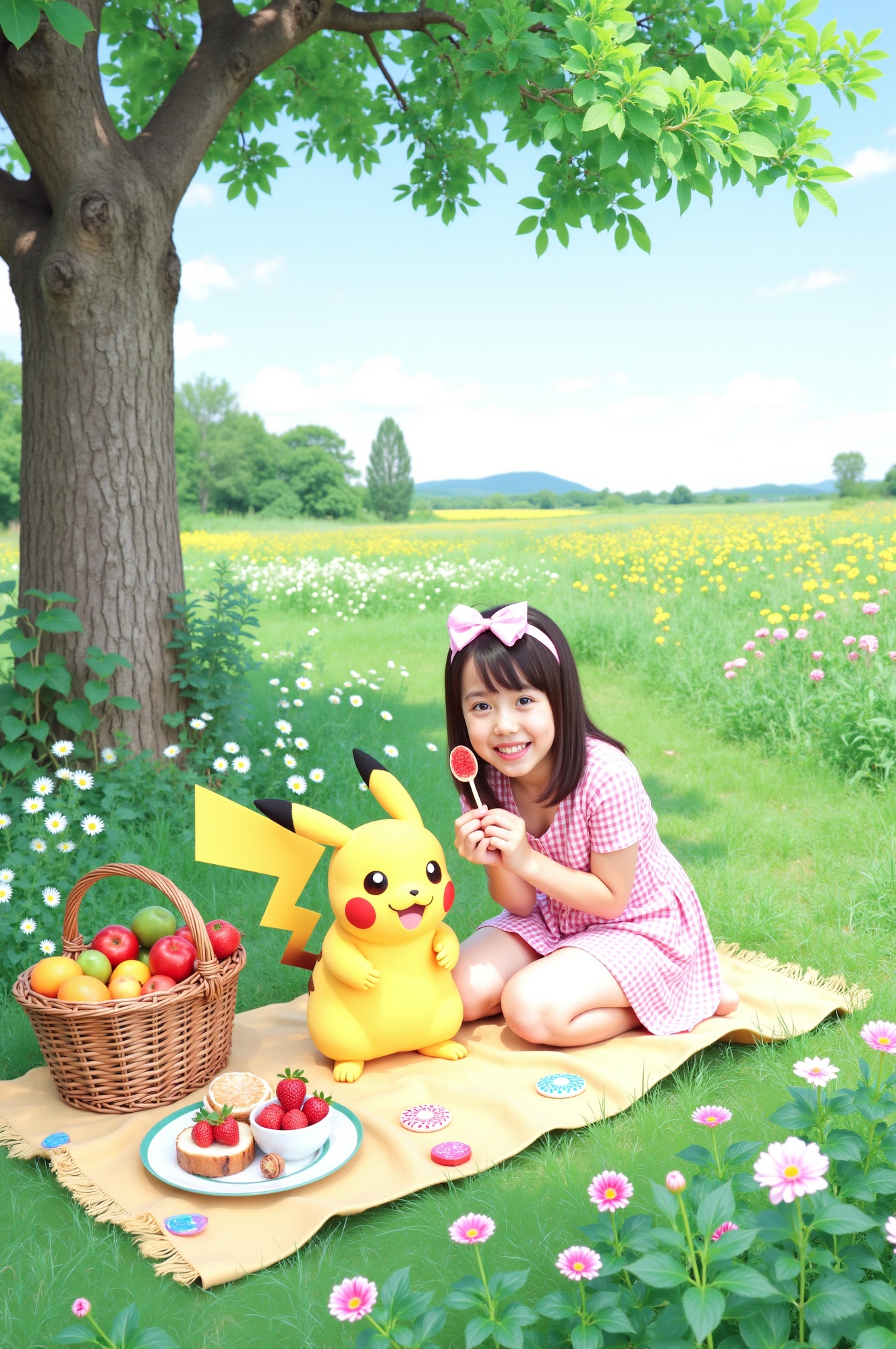 Vibrant sunshine casts a warm glow on a joyful young girl's radiant face as she shares a whimsical picnic with her beloved...