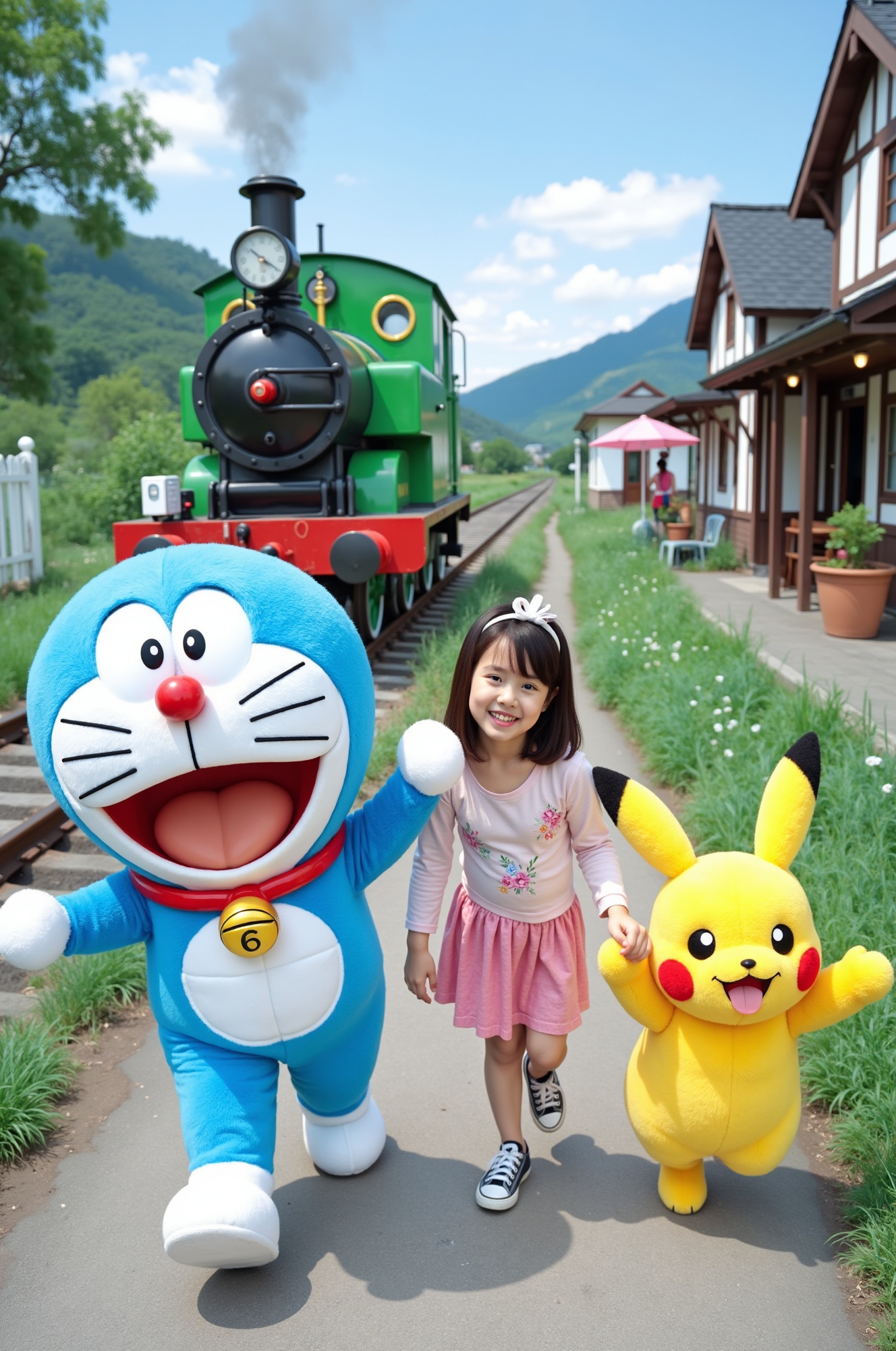 A close-up shot of a beaming young girl,  her face aglow with joy,  as she walks alongside the beloved cartoon character D...
