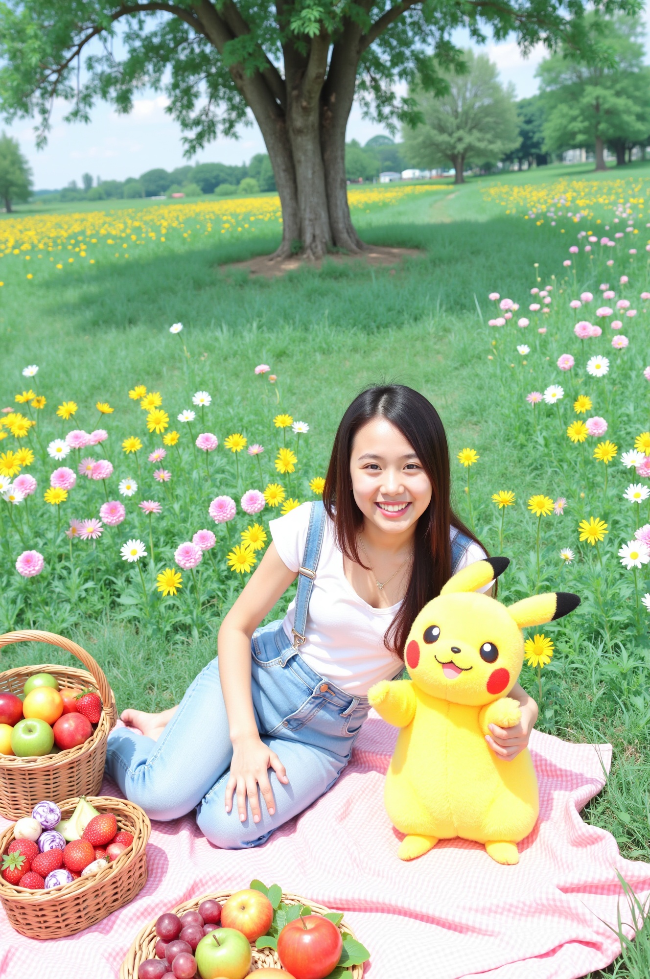 Delightful scene: A radiant youthful girl's smiling face takes center stage as she shares a whimsical picnic with a soft a...