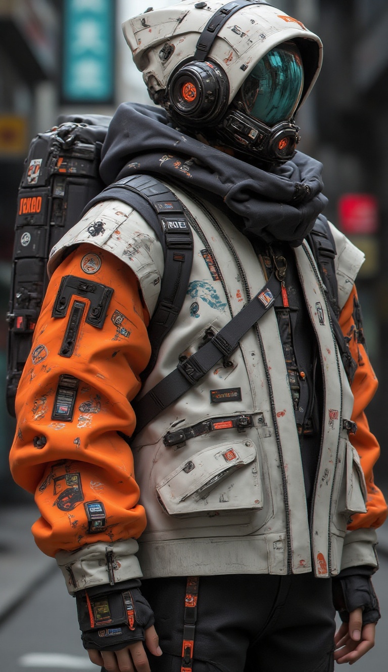 The image showcases a futuristic cyberpunk-inspired character wearing a high-tech armored jacket and helmet. The design bl...