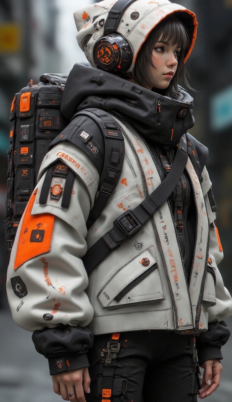 A highly detailed digital illustration depictiin of a highly detailed,  futuristic urban survival outfit designed with a c...