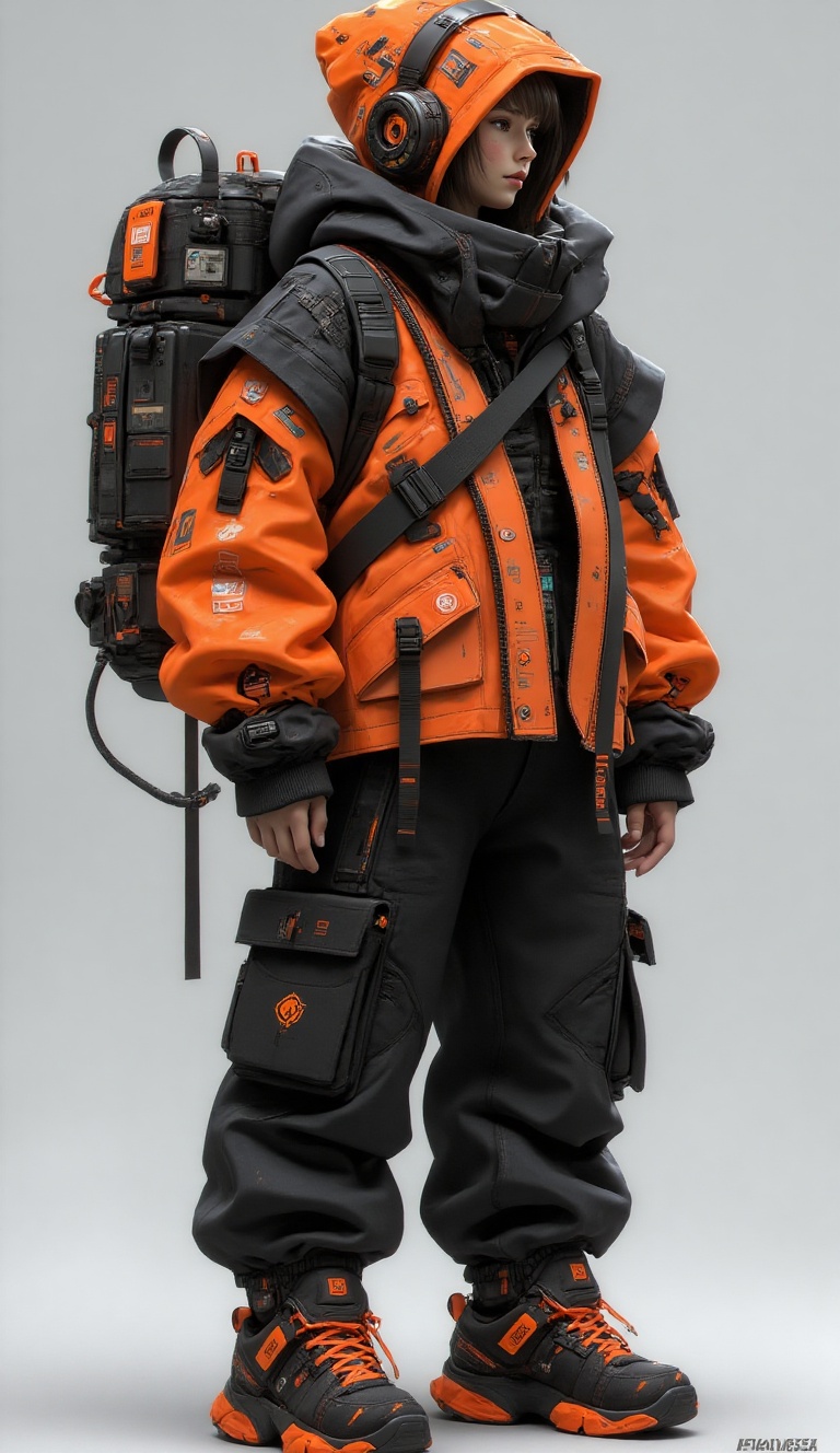 A highly detailed digital illustration depictiin of a highly detailed,  futuristic urban survival outfit designed with a c...