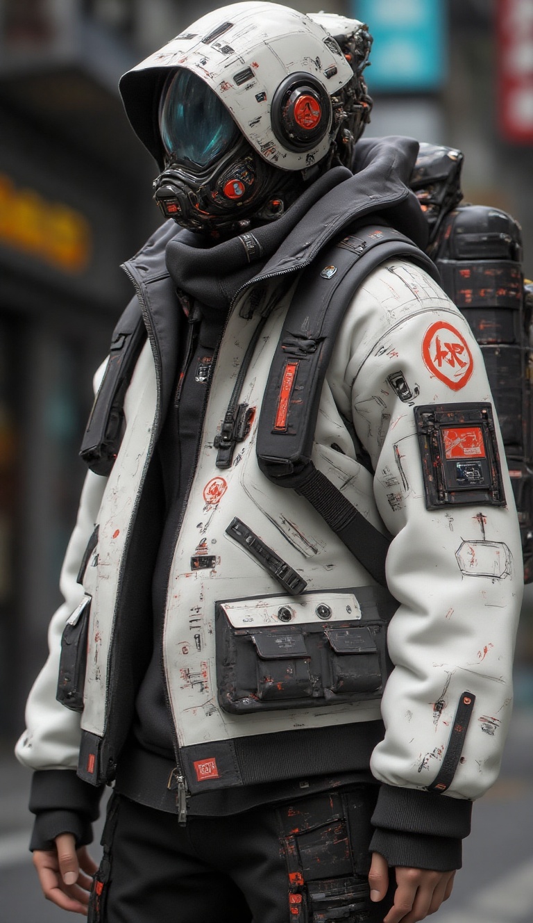 The image showcases a futuristic cyberpunk-inspired character wearing a high-tech armored jacket and helmet. The design bl...