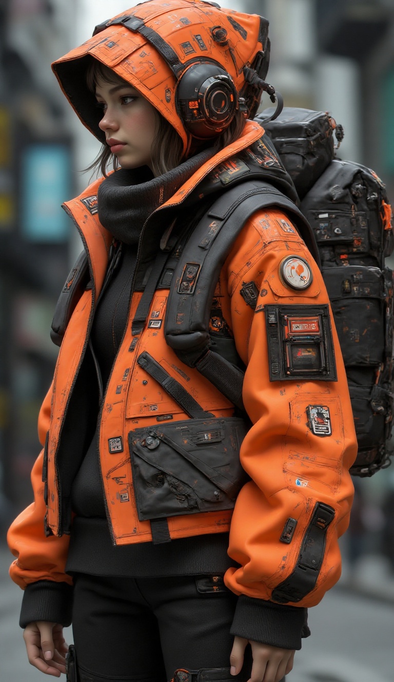 A highly detailed digital illustration depictiin of a highly detailed,  futuristic urban survival outfit designed with a c...
