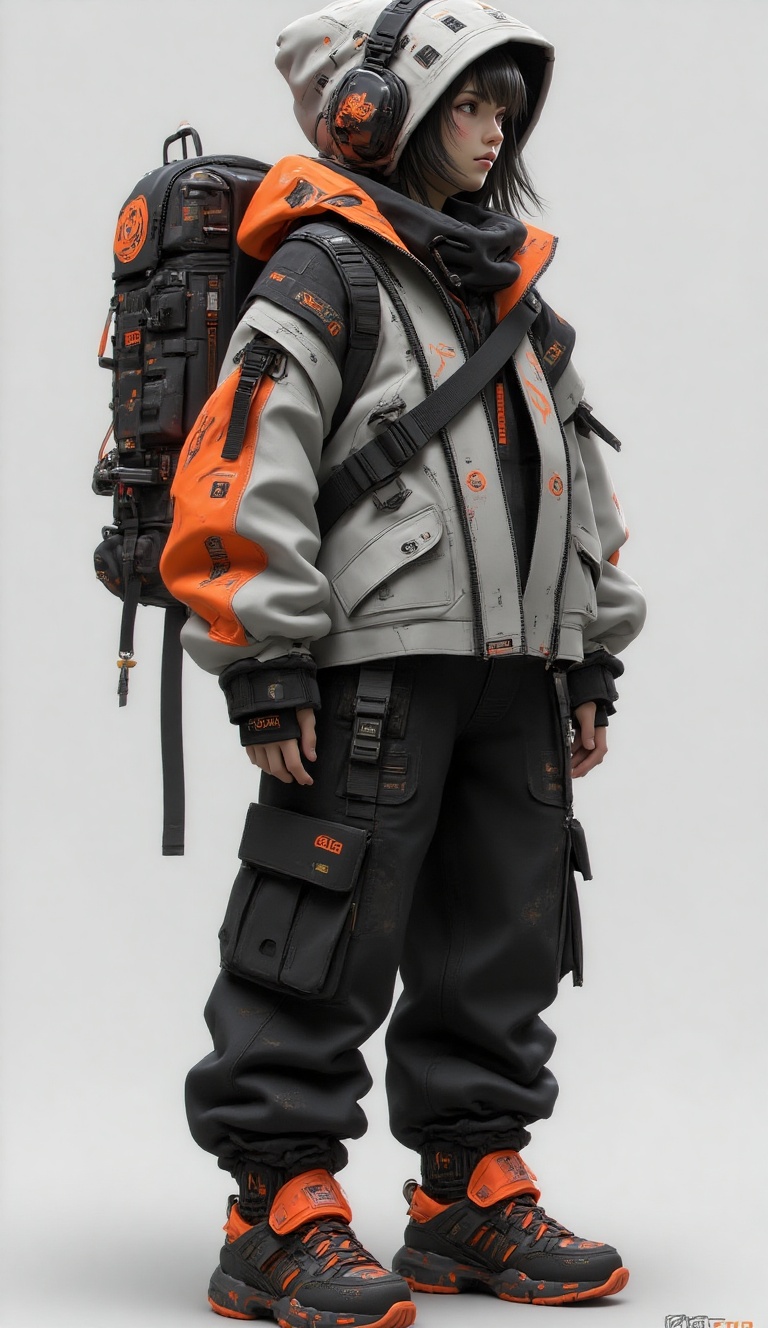 A highly detailed digital illustration depictiin of a highly detailed,  futuristic urban survival outfit designed with a c...