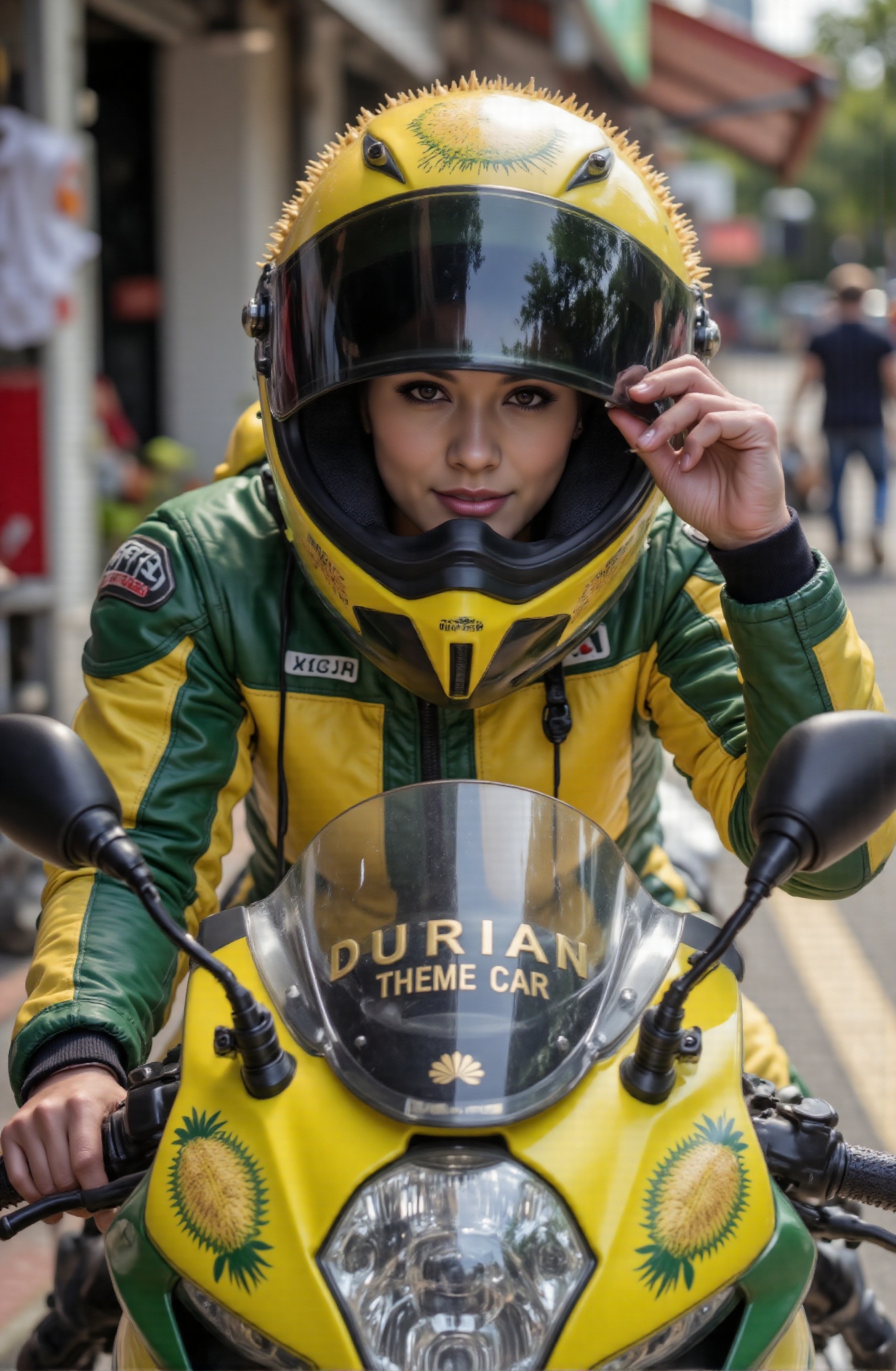 Score_9,  Close-up: A female motorcyclist wearing a high-end motorcycle helmet in the shape of a durian shell. The overall...