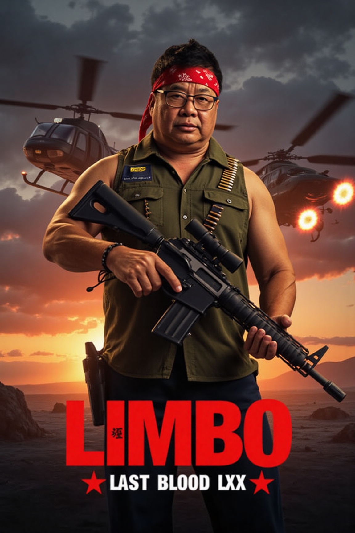 This image is a digital poster for the film "Limbo: Last Blood LXX" featuring a highly detailed,  photorealistic illustrat...