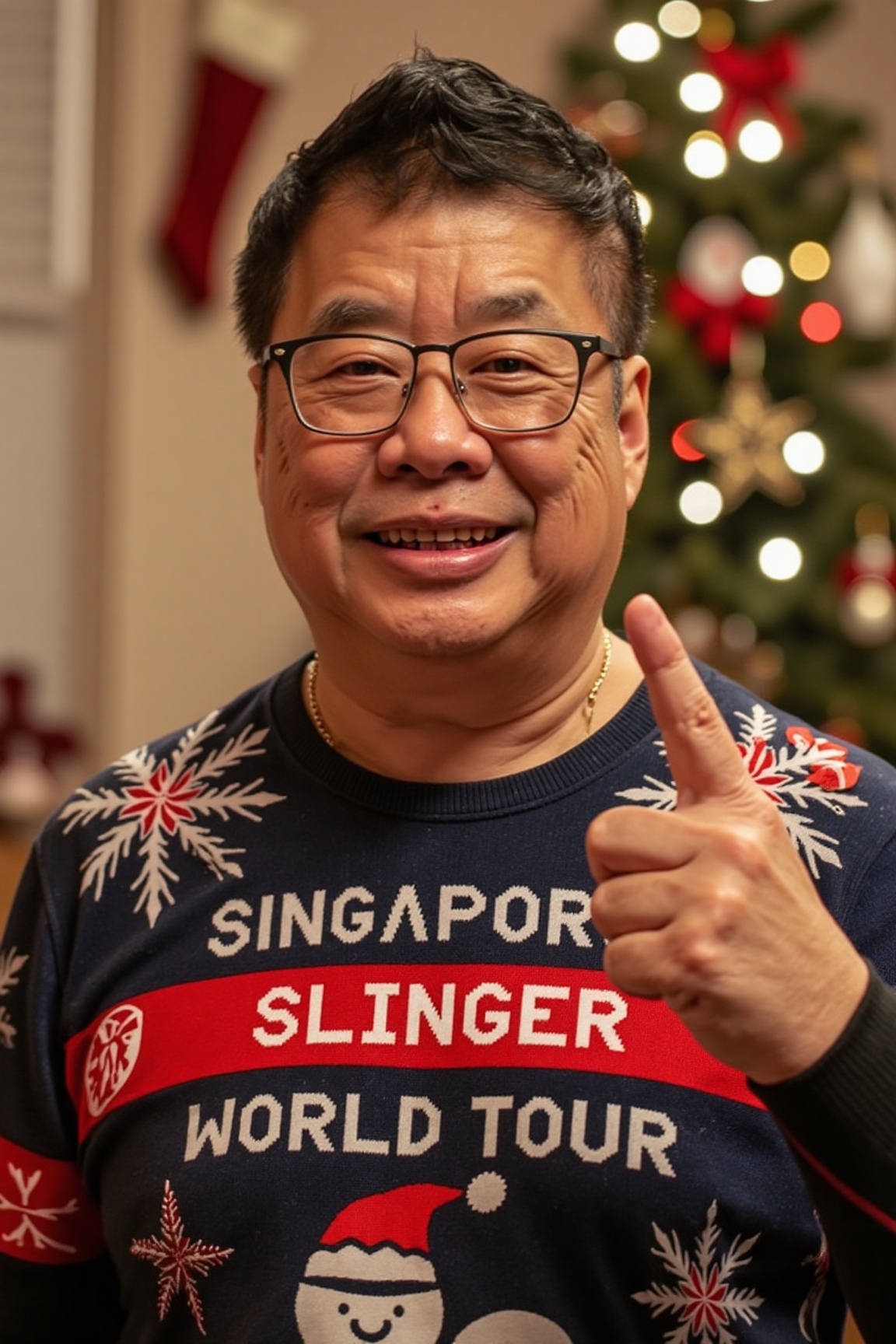 The image is a high-resolution photograph of p4ull1m,  a man wearing glasses and a Christmas themed sweater,  with text re...