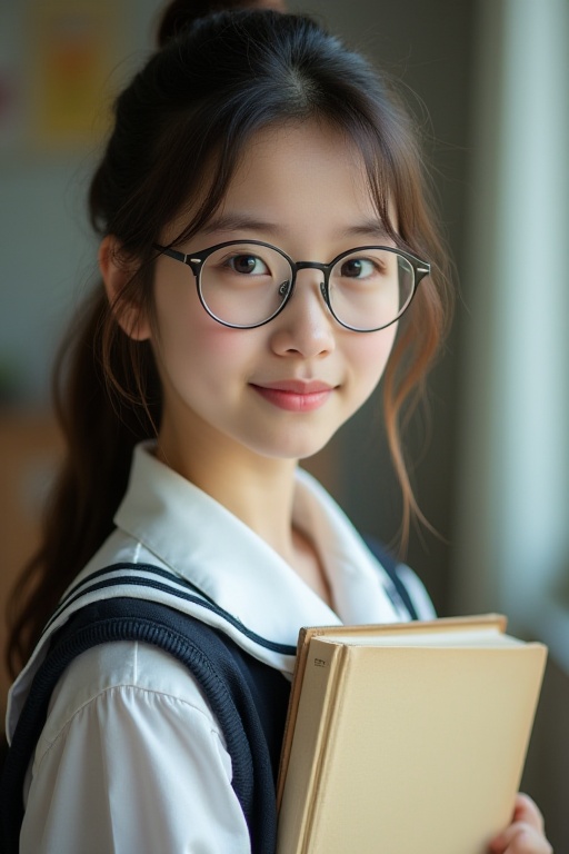 Create a captivating portrait of a 20-year-old girl with a cute,  youthful face,  wearing a school uniform and spectacles....