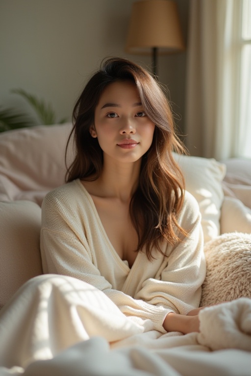 Capture a tranquil portrait of a 20-year-old Malaysian girl waking up in a cozy room,  showcasing her natural beauty. With...
