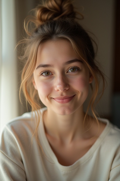 Capture a candid portrait of a 20-year-old girl with a messy hair bun,  showcasing her natural beauty in a cozy room setti...
