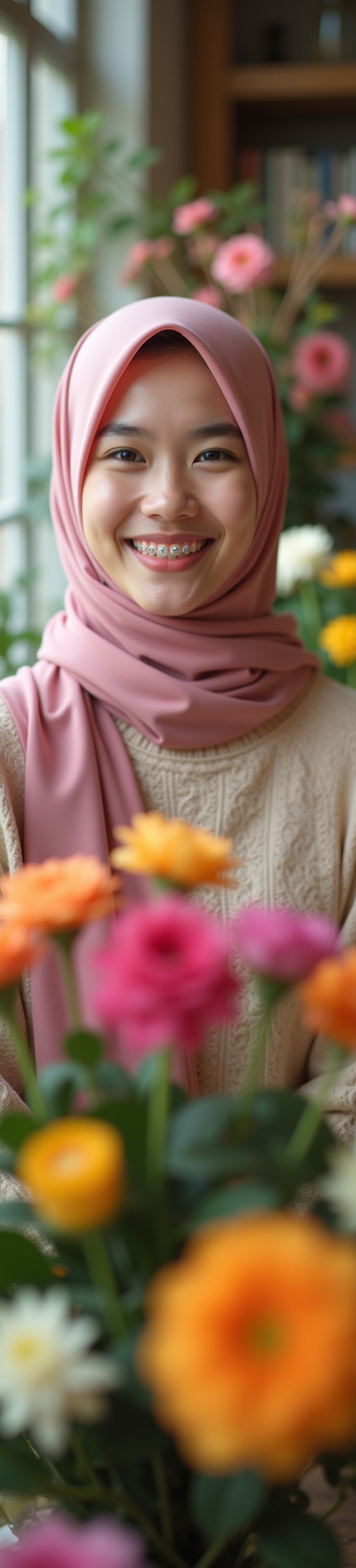 Capture a vibrant photoshoot of a 20-year-old Malaysian girl with braces,  showcasing her stylish Muslimah fashion while s...