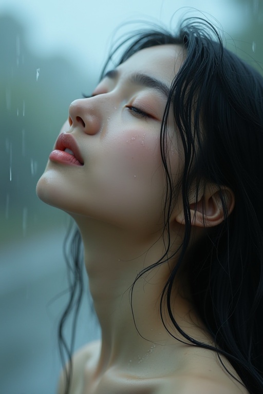 Capture a striking portrait of a 20-year-old korean girl with wet hair,  angled from the side as she gazes upwards with he...