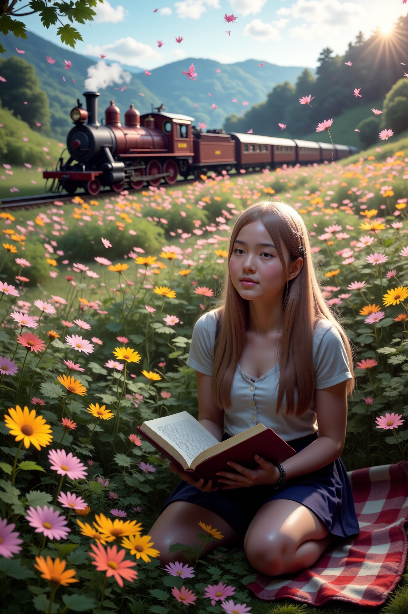 A serene young woman reads book while sits on a blanket amidst a vibrant flower field,  with a gentle breeze rustling peta...