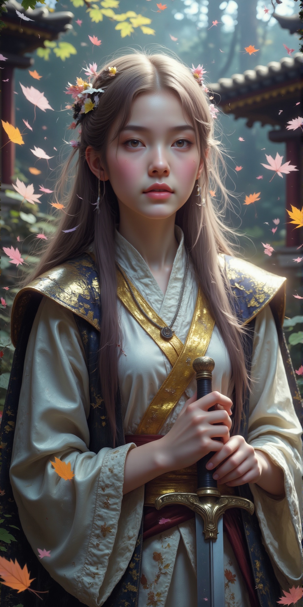 A picture composed of gold and white,  upper body portrait,  an ancient oriental beauty with flowing long hair on Tensor.Art