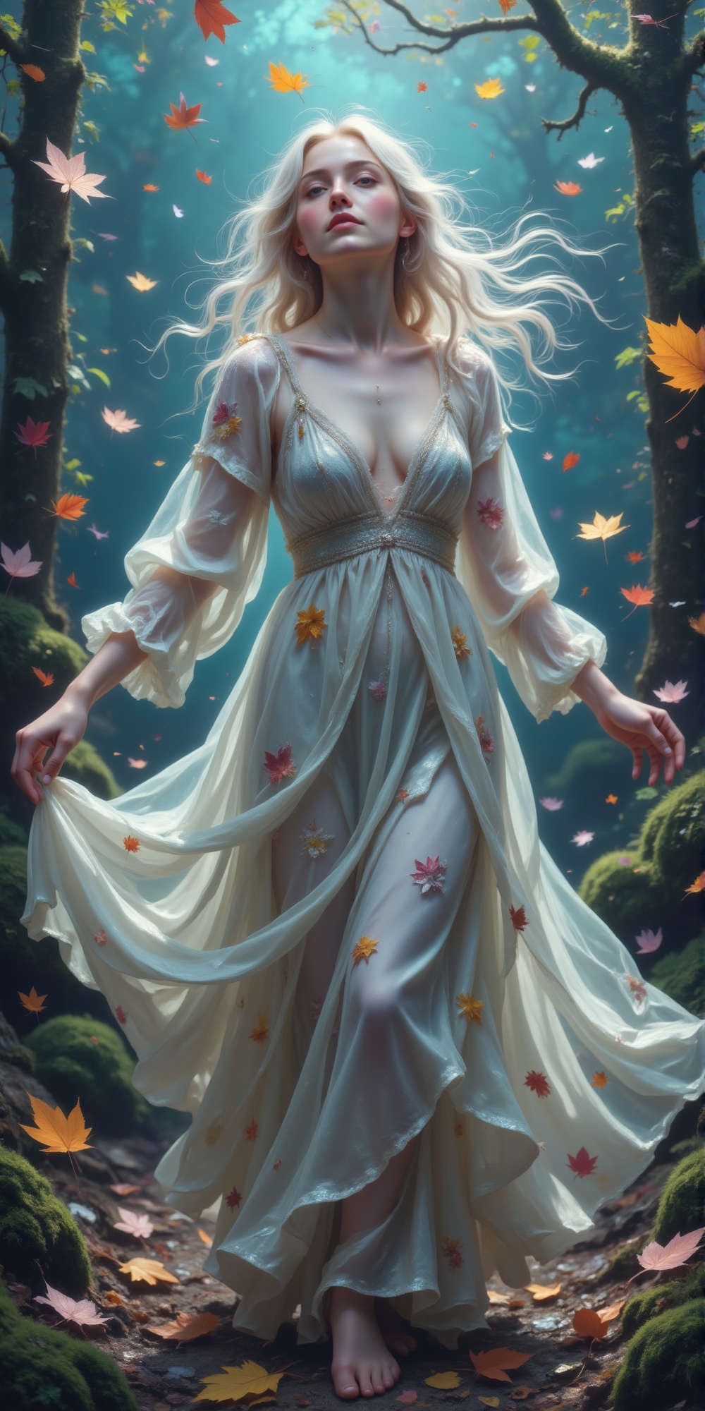 white hair woman,  fowing long hair,  flowing gown on Tensor.Art