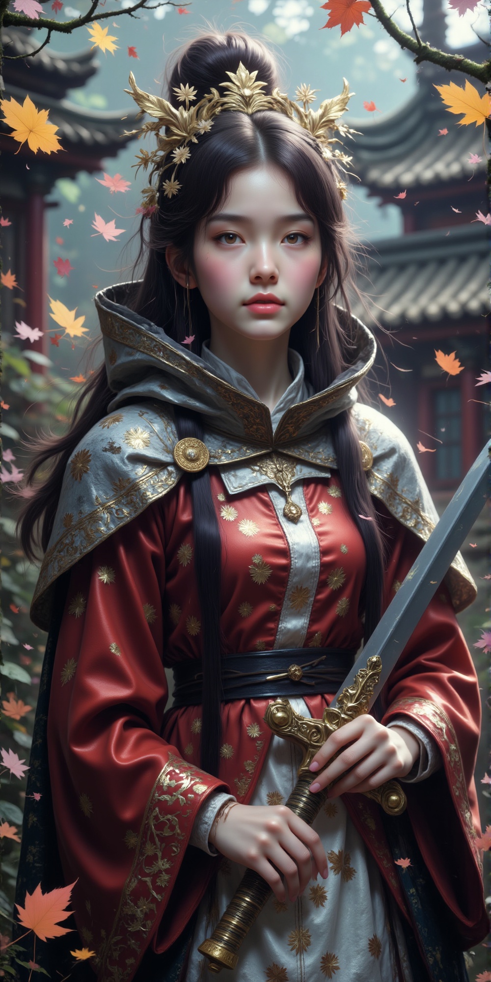 A picture composed of gold,  white,  black and red on Tensor.Art