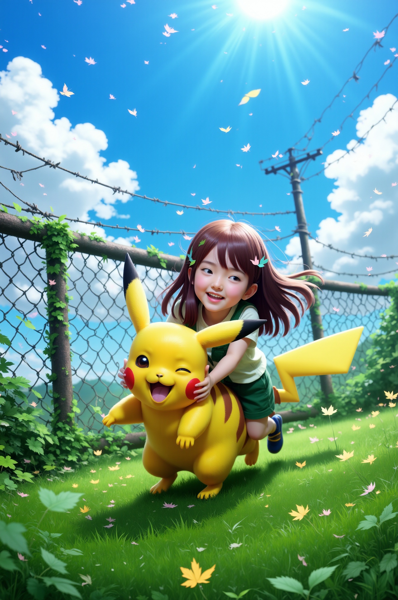A warm sunny day with a bright blue sky and fluffy white clouds,  Pikachu's electric yellow fur glistening as it sprints a...