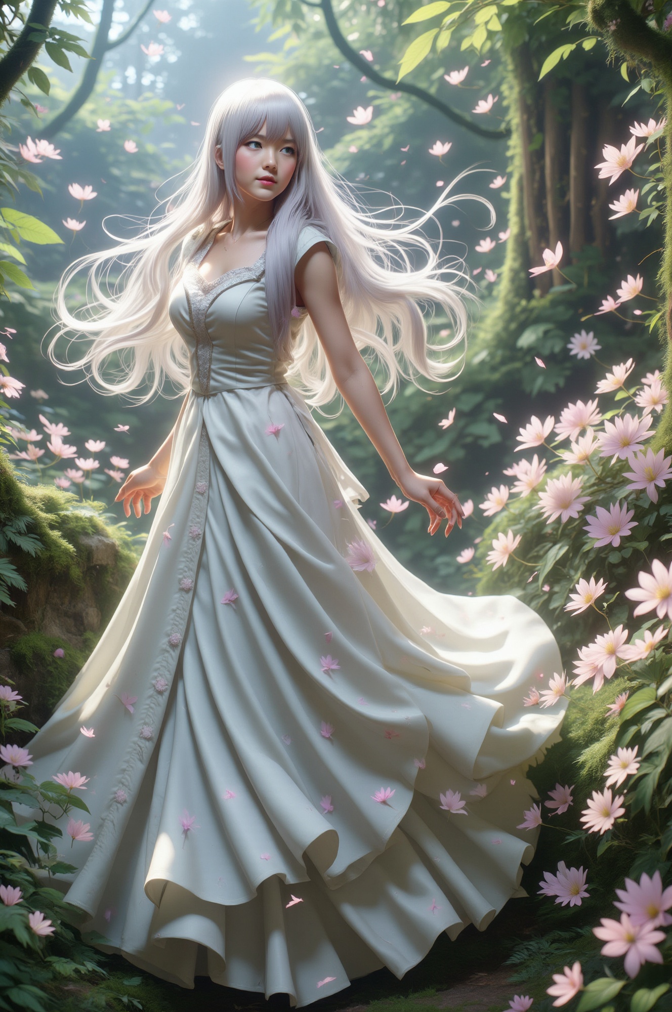 white hair woman,  fowing hair,  flowing gown on Tensor.Art