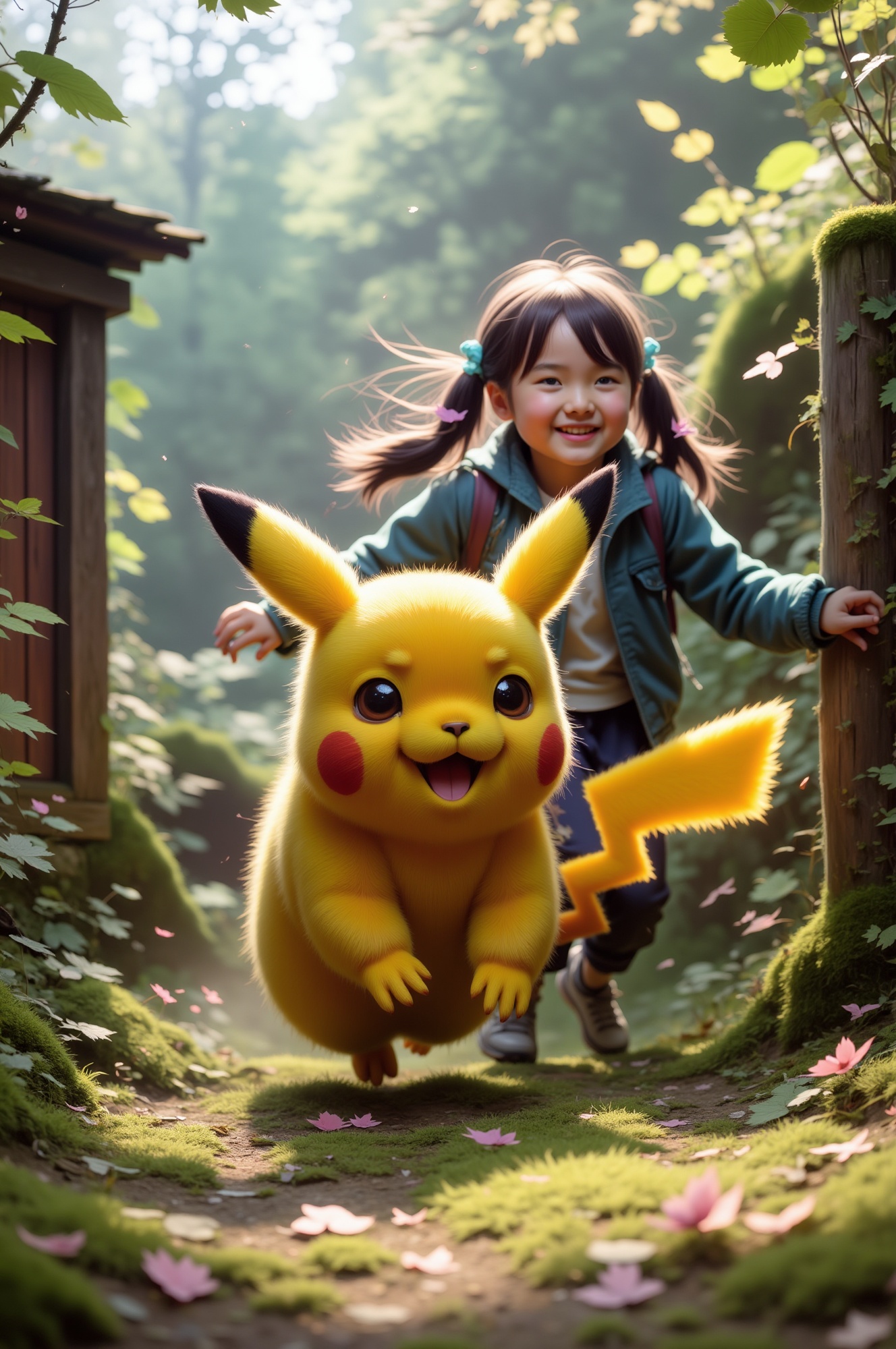 A close-up shot of Pikachu's fluffy face and outstretched paws as it runs swiftly alongside a young teenage girl. The came...