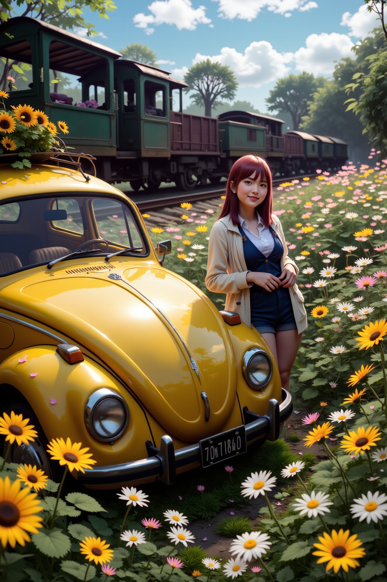 A young woman stands effortlessly amidst a vibrant flower field,  surrounded by blooming sunflowers and daisies. She leans...