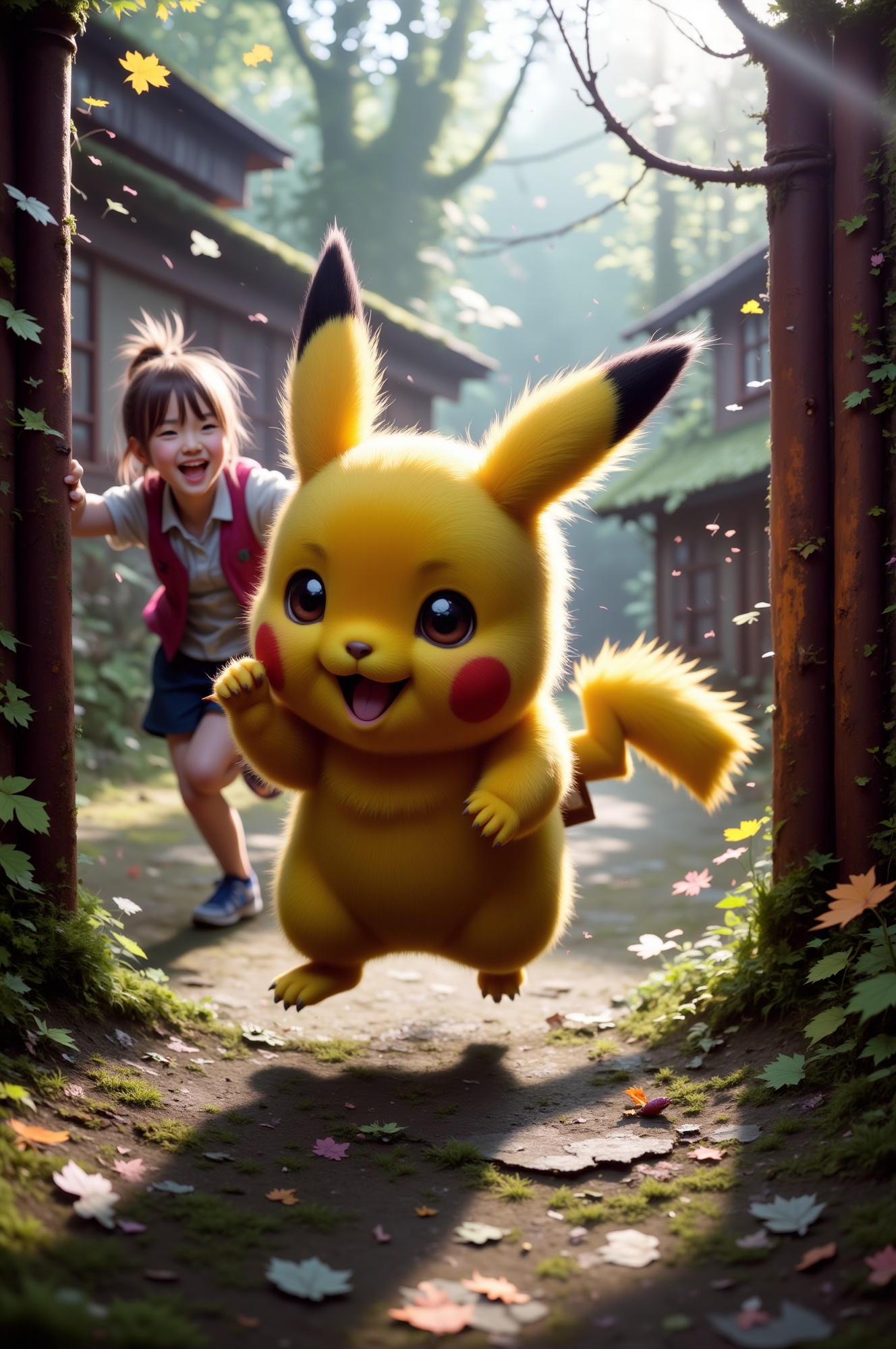 Close-up shot of Pikachu's adorable face as it dashes towards the camera,  its fluffy fur ruffling in the wind. The young...