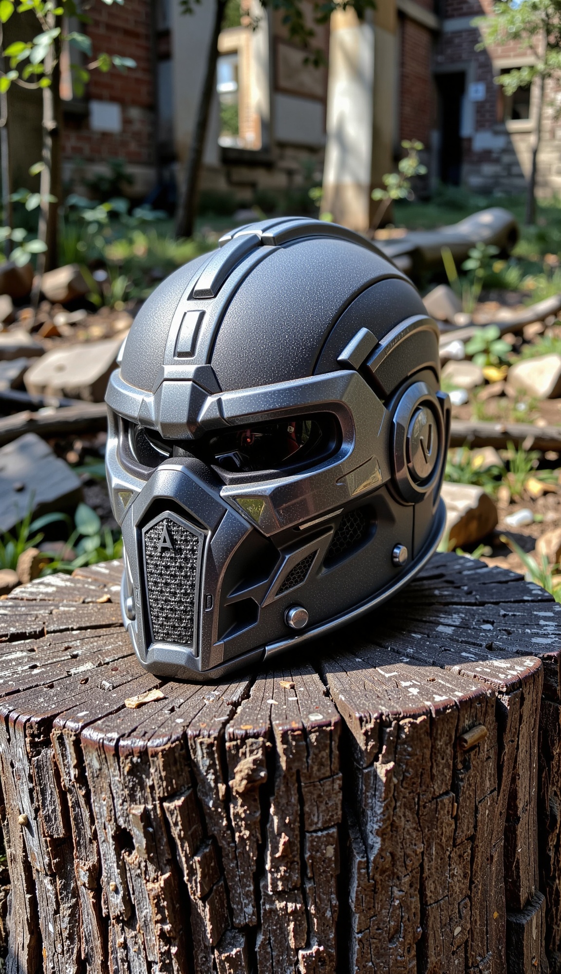 soft focus macro close-up of prophet's helmet from crysis 3 on the wooden stump at the city ruins,  moss,  fooliage's shad...