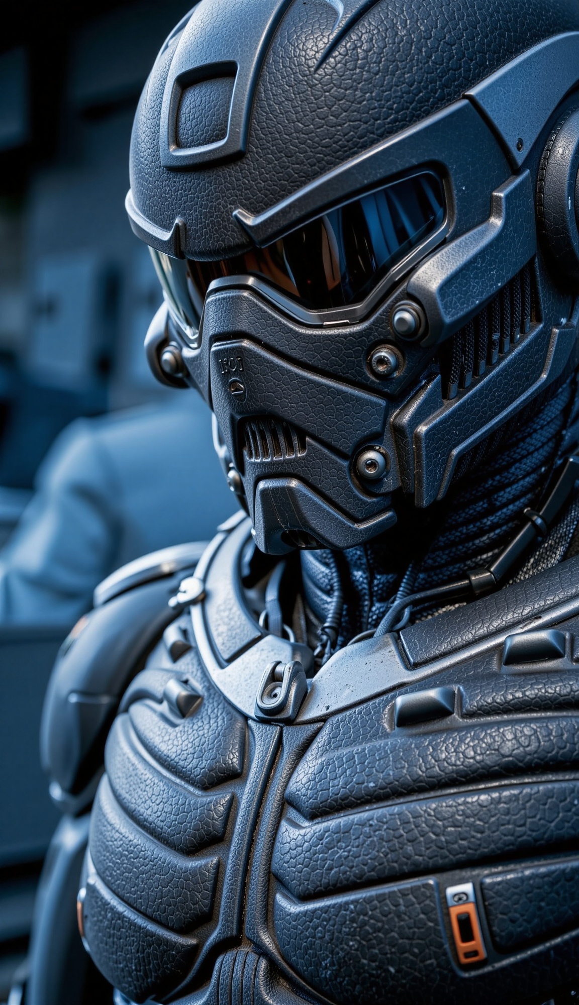 soft focus macro close-up of prophet's helmet and armor suit from crysis 3,  laboraty,  blue hue background on Tensor.Art