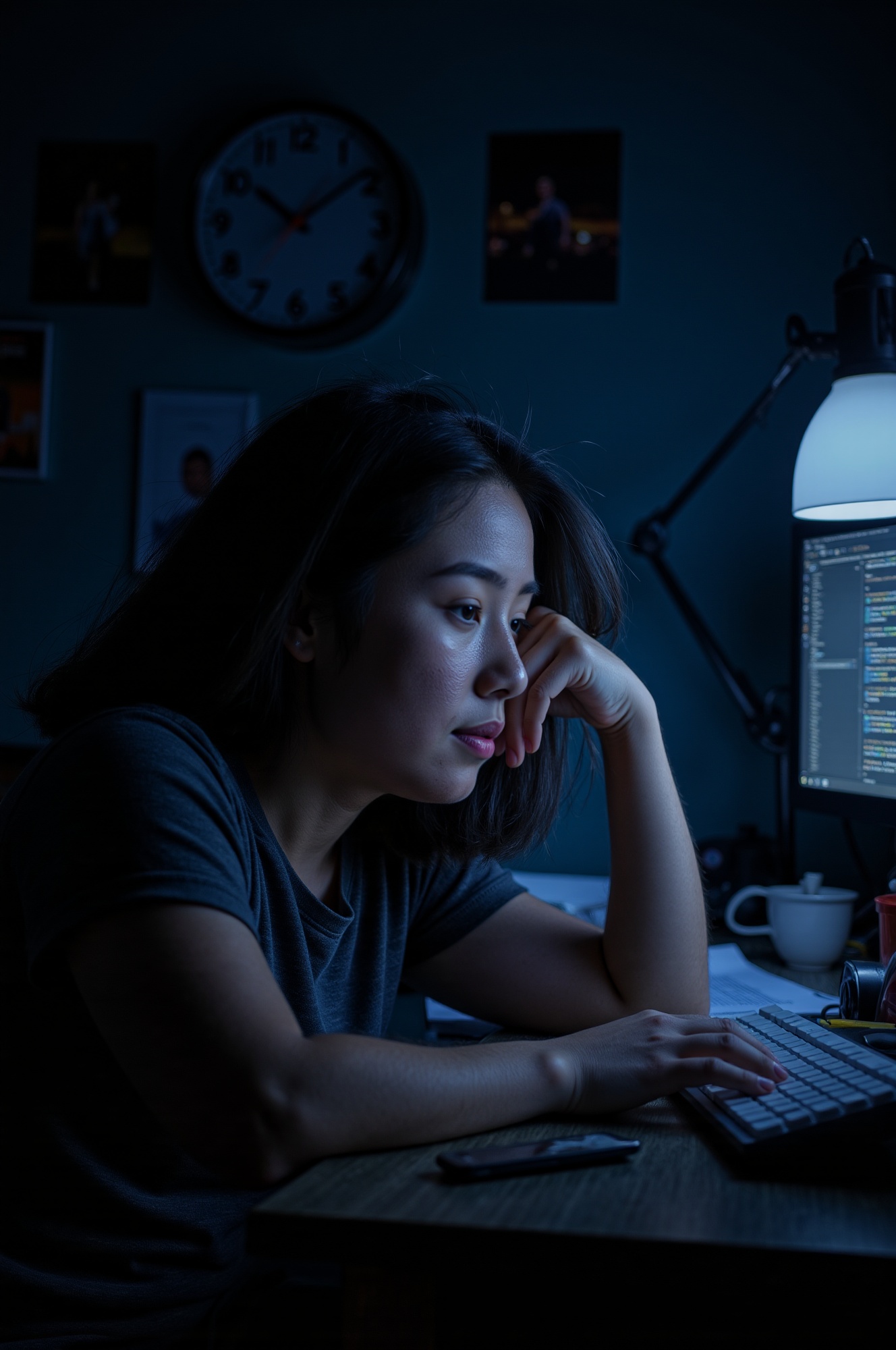A midnightscape of a young woman intensely focused on her work,  surrounded by scattered papers and dimly lit office space...