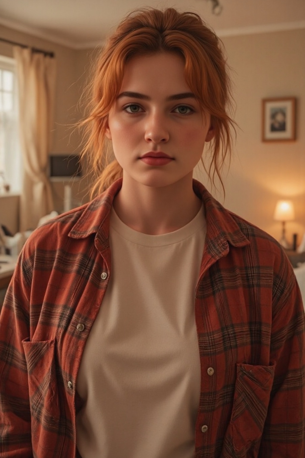 A beautiful woman with shoulder-length red hair,  wearing a white t-shirt and a red checkered shirt,  stands in a cozy roo...