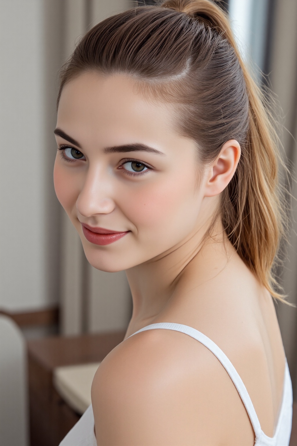celebrity portrait of a beautiful woman,  looking over her shoulder at the photographer,  in the style of beautiful portra...