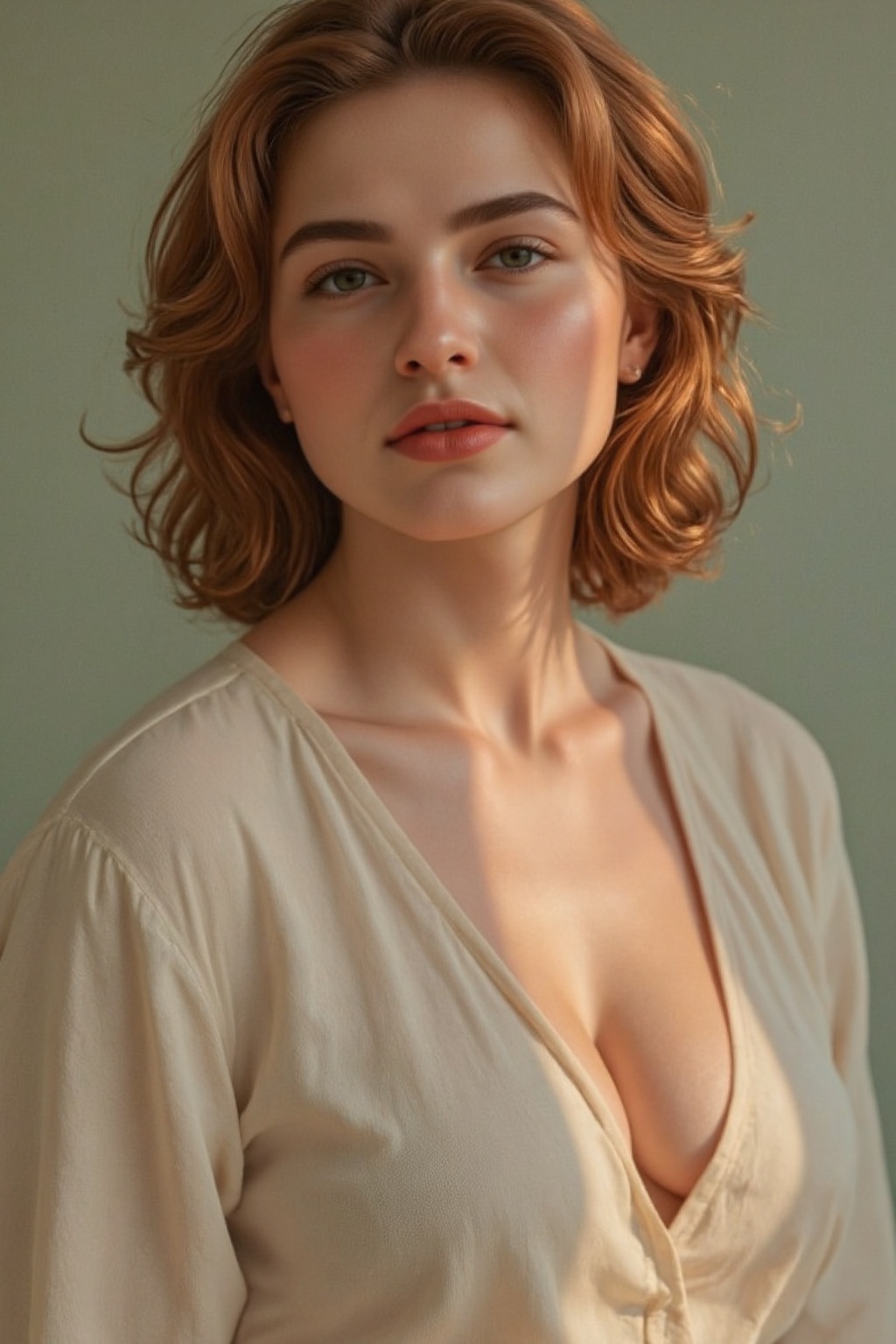 Gentle waves of auburn hair cascade freely,  catching subtle hints of natural light. An ivory silk blouse adds ethereal mo...