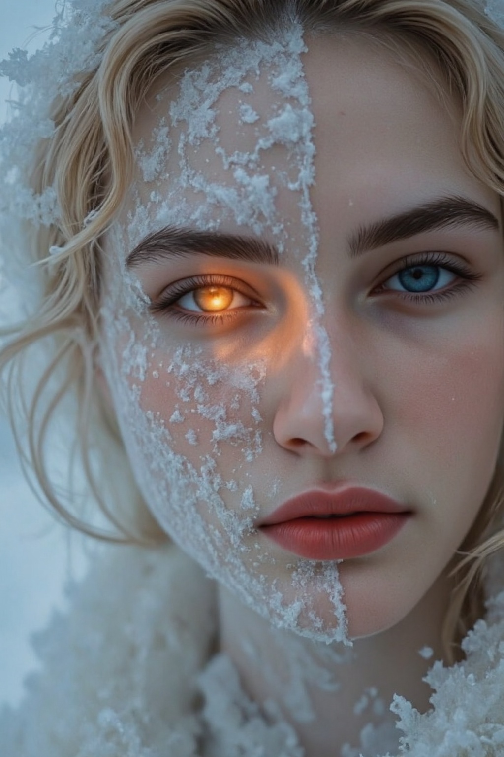 newfantasycore. The image is a photograph of a young woman with a striking,  otherworldly appearance. Her face is split do...