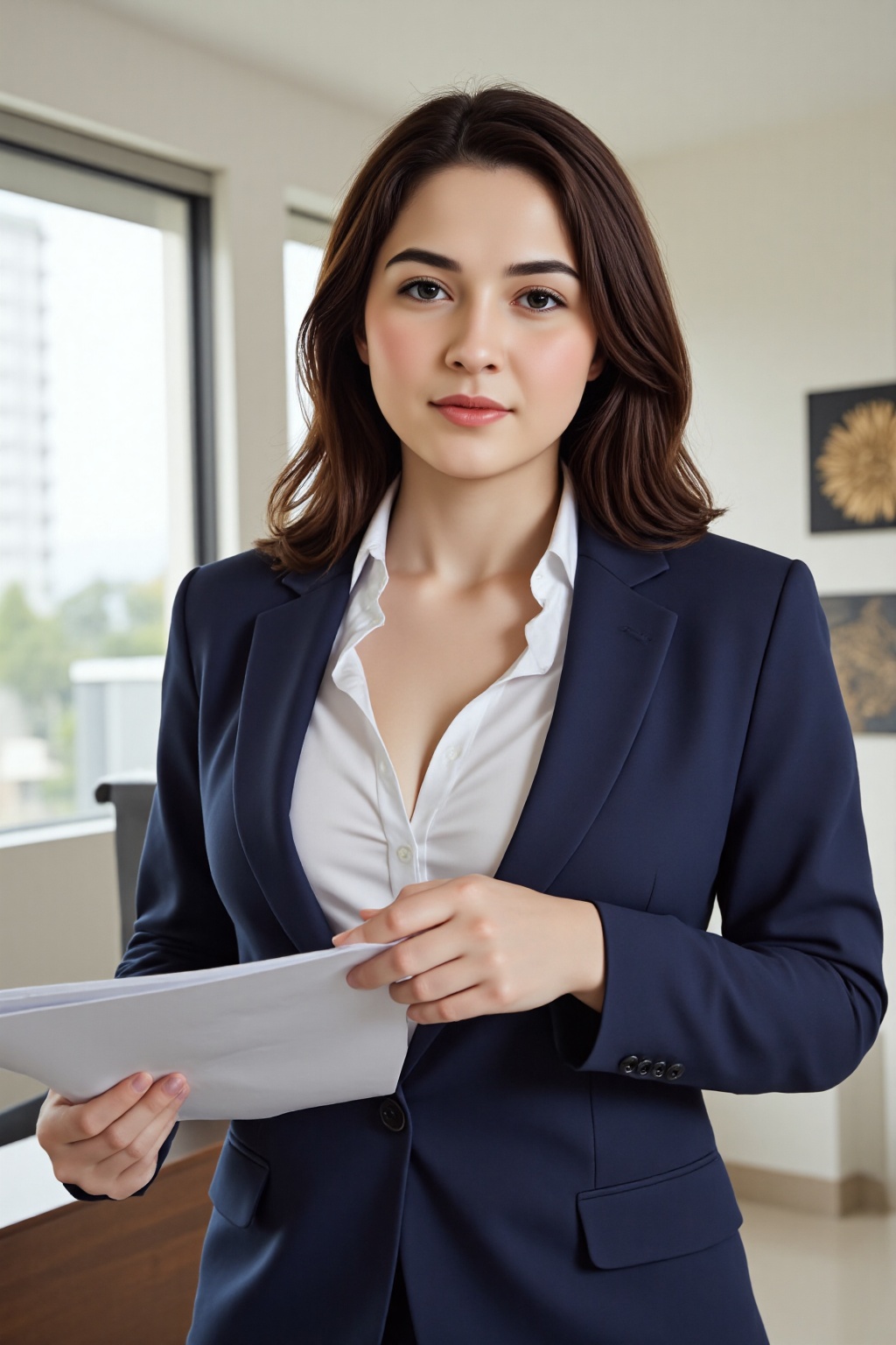This image captures a professional and poised young businesswoman poised in an office setting,  exuding confidence and com...